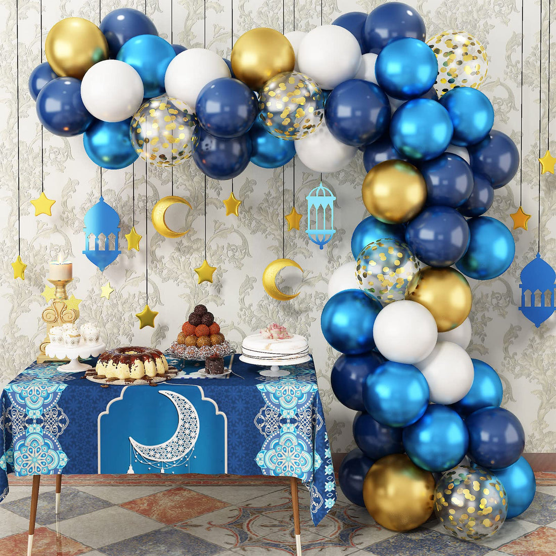 Ramadan Mubarak Balloon Arch Garland Kit, Blue Gold Eid Mubarak Party Decoration, Latex Balloons with Metal Gold Balloons Confetti Balloon for Ramadan Mubarak Party Decoration Home Holiday Decor