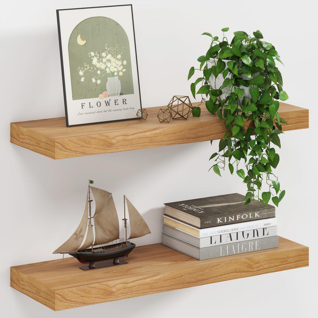 8 Inch Deep Floating Shelves, USA-Sourced Rustic Elm Wood Wall Shelves for Storage, Wall Mounted Display Shelving with Invisible Heavy-Duty Metal Bracket (Natural, 24" W x 8" D, Set of 2)