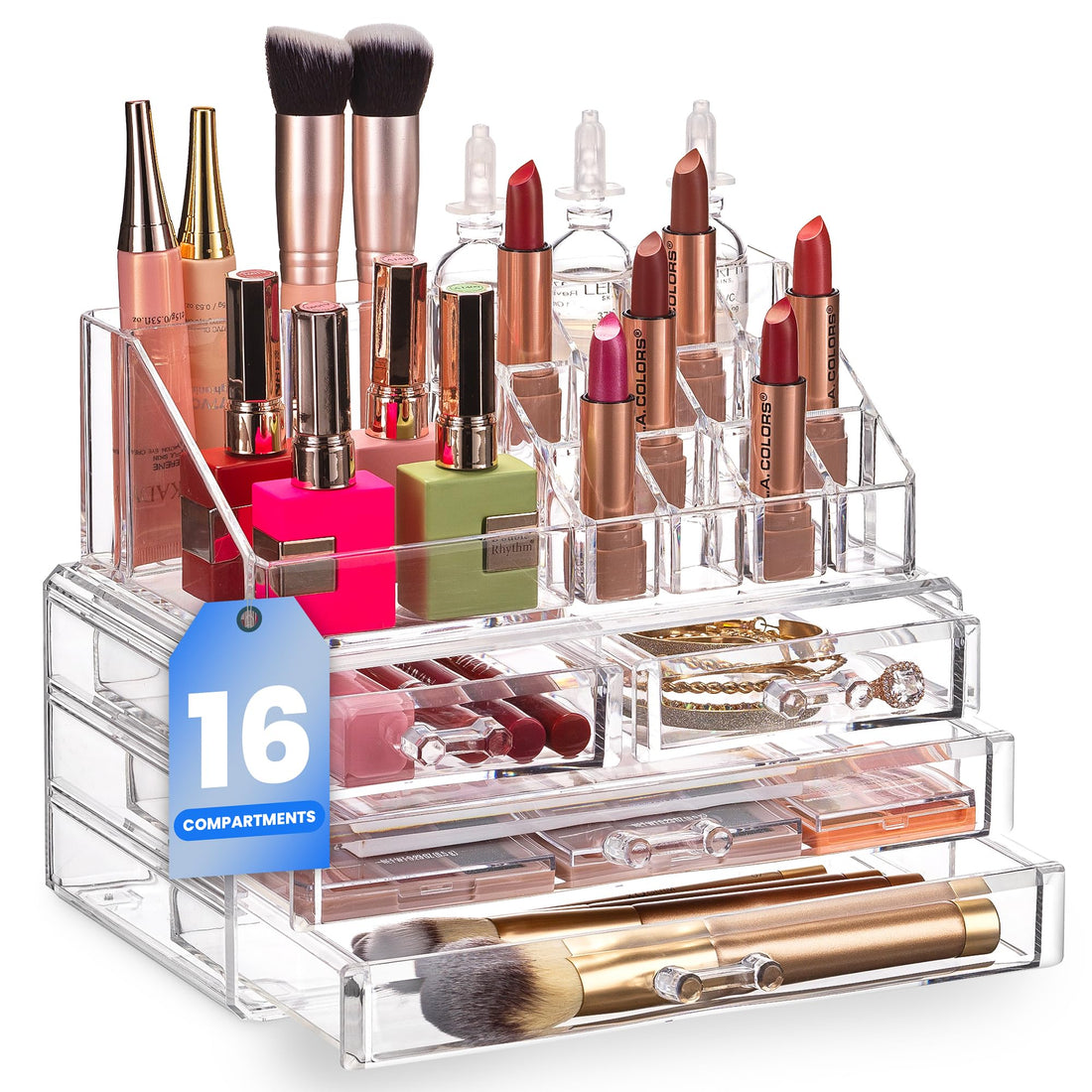 Clear Cosmetic Storage Organizer - Easily Organize Your Cosmetics, Jewelry and Hair Accessories. Looks Elegant Sitting on Your Vanity, Bathroom Counter or Dresser. Clear Design for Easy Visibility.
