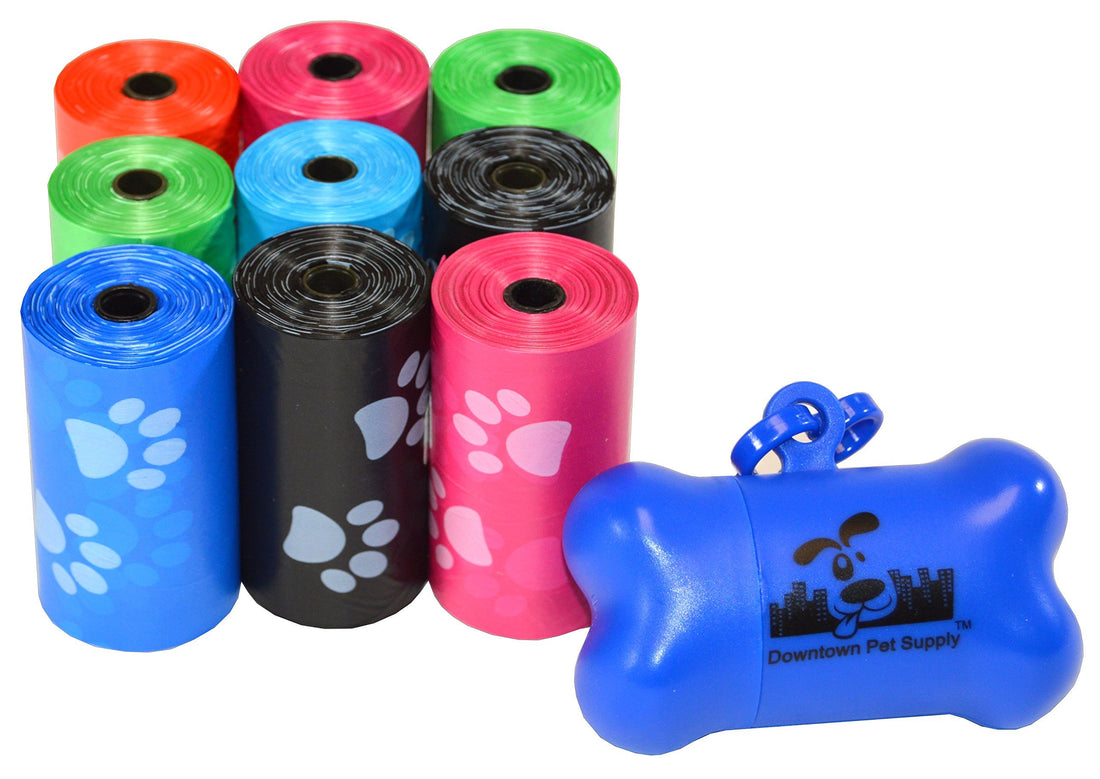 Downtown Pet Supply - Large Dog Poop Bags with Dog Leash Clip and Poop Bag Dispenser - Cat Litter & Dog Poop Scoop Bags - Unscented, Leak-Proof Bags - Paw Print - Rainbow - 12.5 x 8.5in - 180Ct
