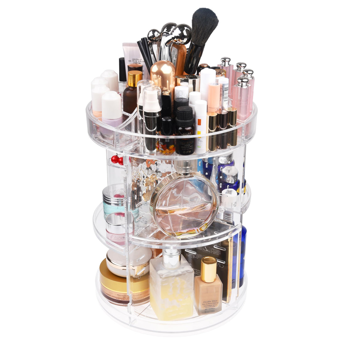360-Degree Acrylic Rotating Makeup Organizer - Stores Make-up, Cosmetics, Toiletries and More - 4 Adjustable Trays, 2X Removable Lipstick Holders, Earring Slots - Transparent Design