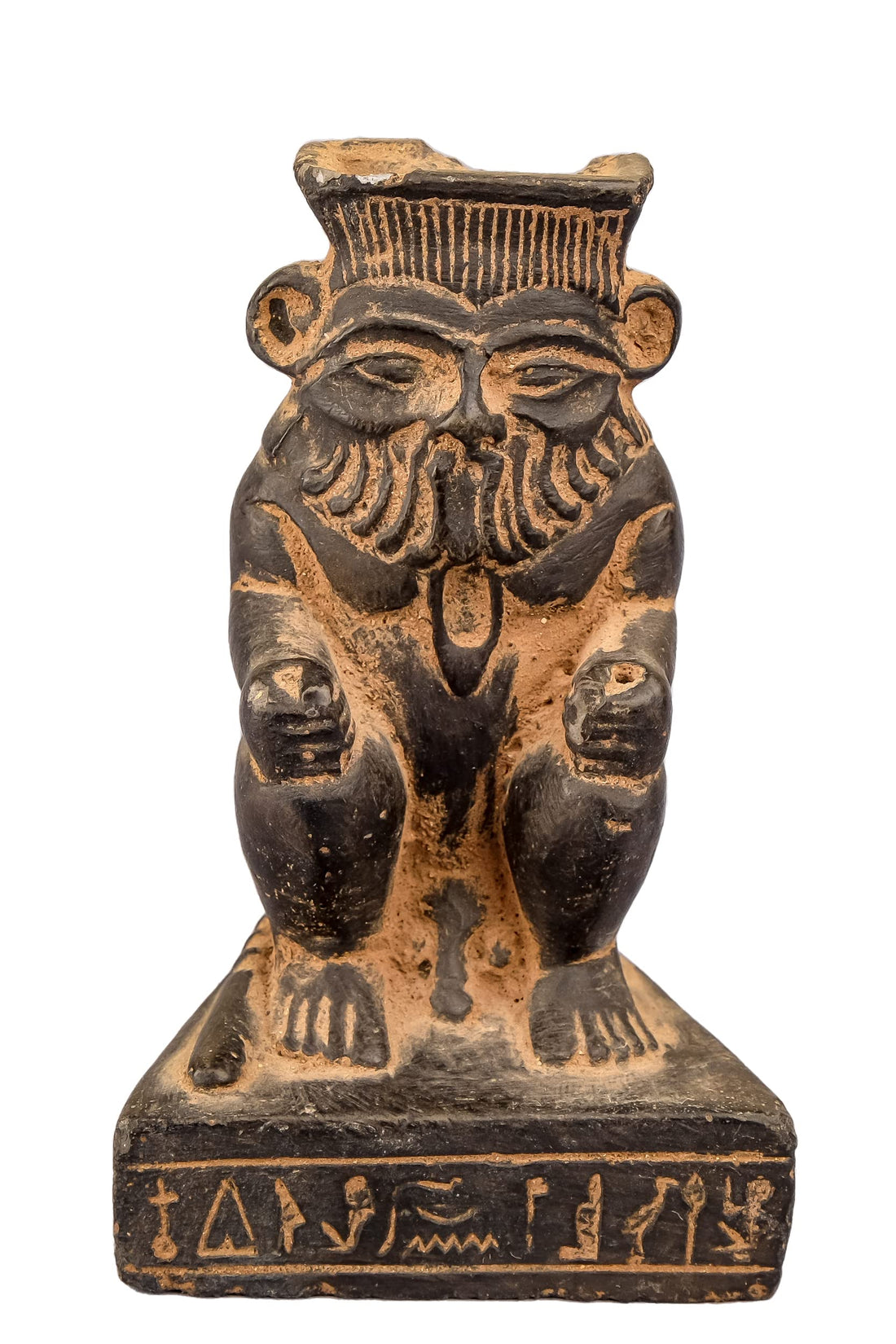Ancient Egyptian statue of Bes, a minor god of ancient Egypt, represented as adwarf with large head, goggle eyes, protruding tongue, bowlegs, bushy tail Black heavy stone made in Egypt.