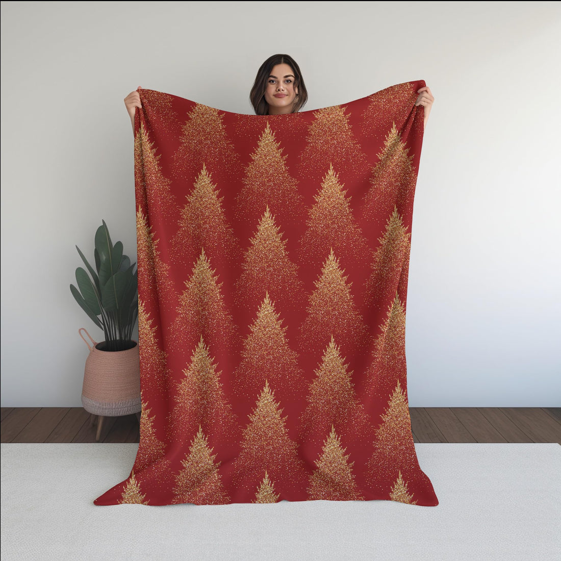 Red Glitter Christmas Tree Pattern Fleece Blanket -120x160 cm - Warm Soft Velvet Fabric - Perfect for Cold Winter Nights - Great Gift Idea.