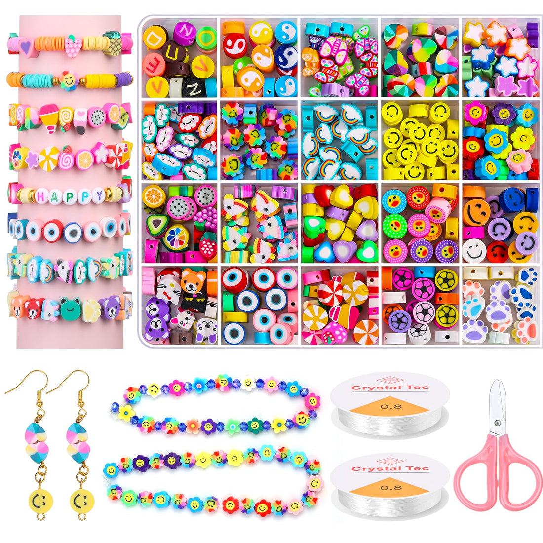 JAZZEEL Polymer Clay Beads Kit, 403 Pieces with 120+ Fun Patterns like Smiley Faces, Fruits & Animals. For Kids Jewelry Making, Stringing Crafts & DIY Bracelets. Colorful Gift Set for Girls.