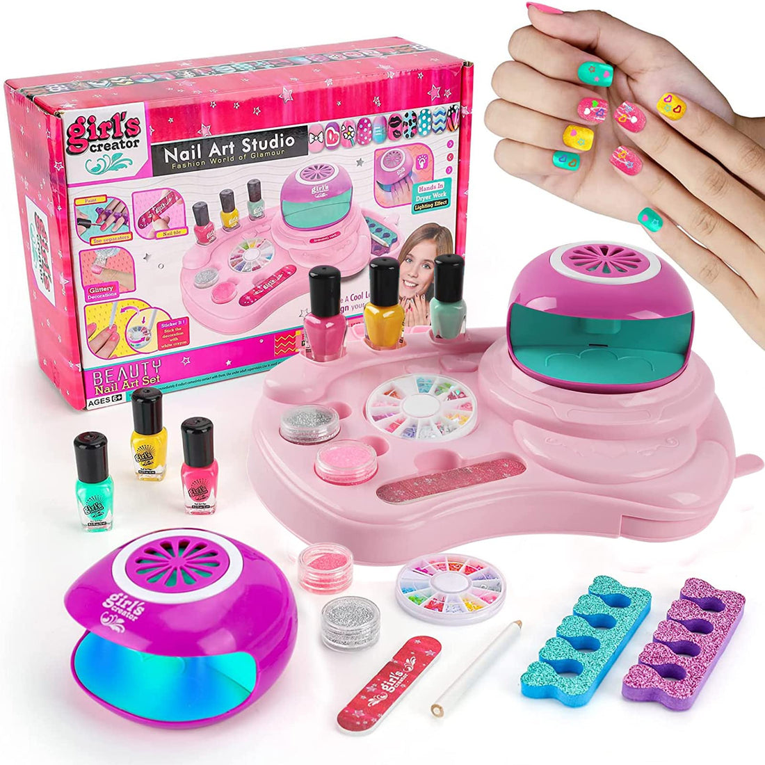ONE TO FOUR Nail Polish Kit Girls Ages 6 - 12, Kids Nail Art Salon Set with Nail Dryer, Peelable Glitter Nail Polish, Nail Art Studio Makeup, Manicures Spa Decoration, Birthday Party Gifts Girls