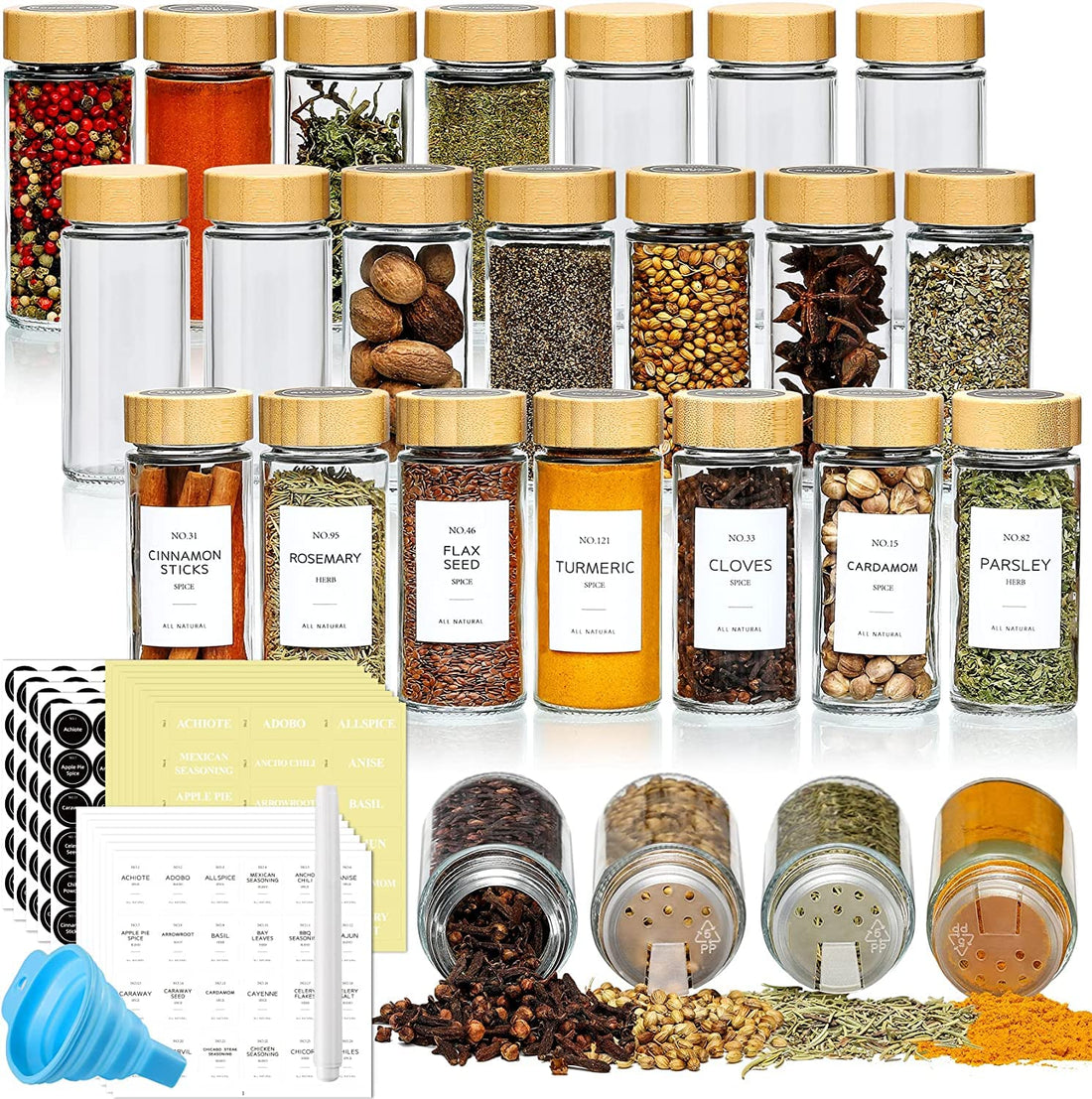 ALMEKAQUZ Round Glass Seasoning Jar, Spice Jars With Label, Glass Spice Jars with Bamboo Lids,Spices Container Set with 24 packs plus brush funnel stickers (24 piece set)
