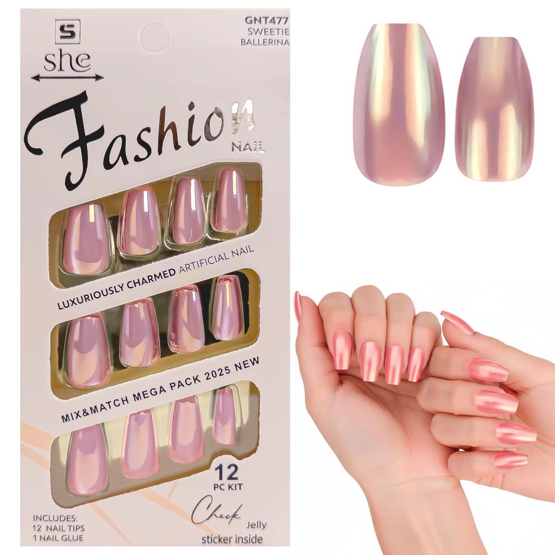 Square Nail Tips - Set Of 12 Nail Tips & 1 Nail Glue, Pre-Shaped Full Cover False Nails & Professional Nail Glue, Quick & Easy Application (Light Pink)