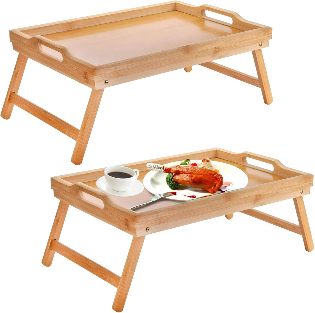 Breakfast Serving Tray-Elegant wooden bed tray with handles, perfect for serving breakfast, dinner or snacks in bed or on couch or outdoor, easy to clean and store, perfect gift idea (2pcs)