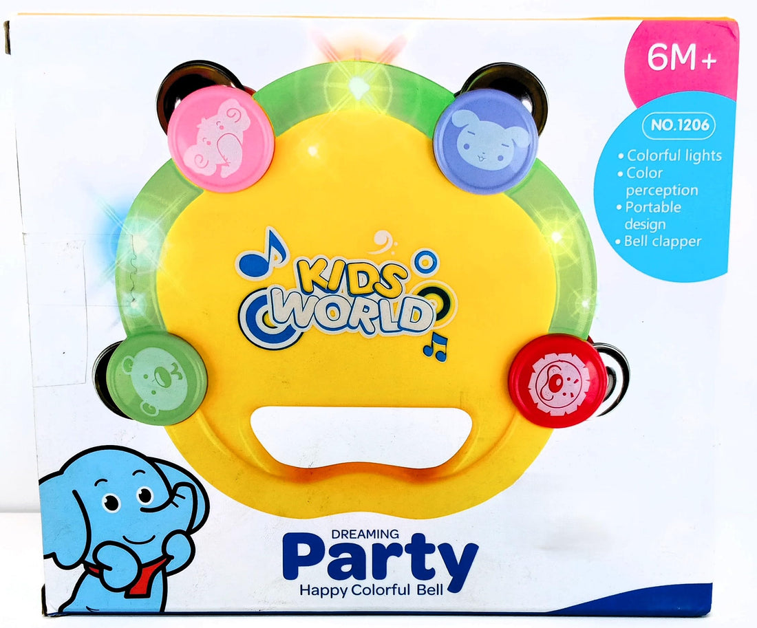 Kids World Dreaming Party Tambourine Toy for Ages 6 Months and Above, Colourful Bell Clapper, Plastic, Yellow