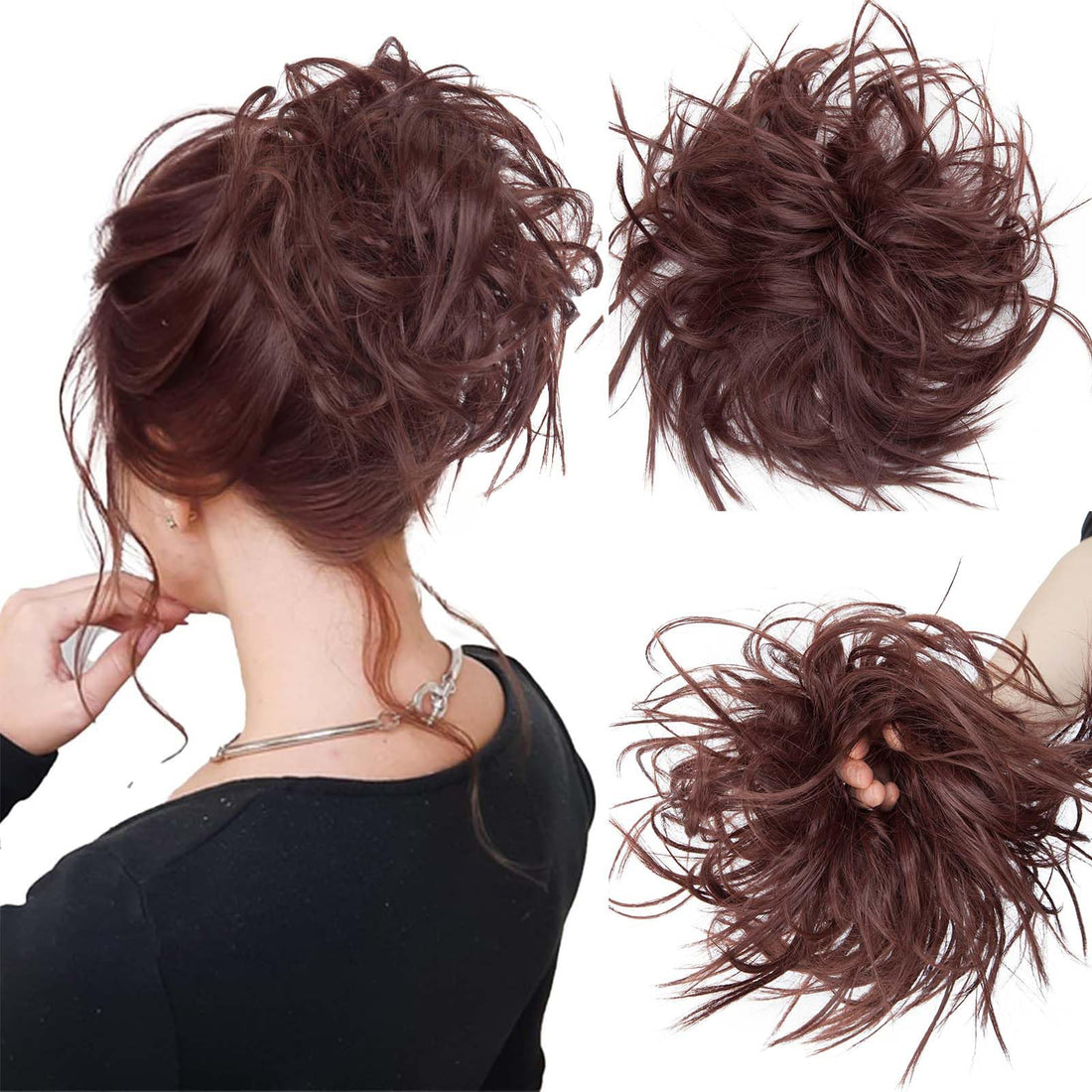 S-noilite Real Fashion Tousled Updo Hair Pieces Messy Bun Hair Scrunchies Extensions Hair Pieces Ponytails Hair Extensions for Women Dark Auburn