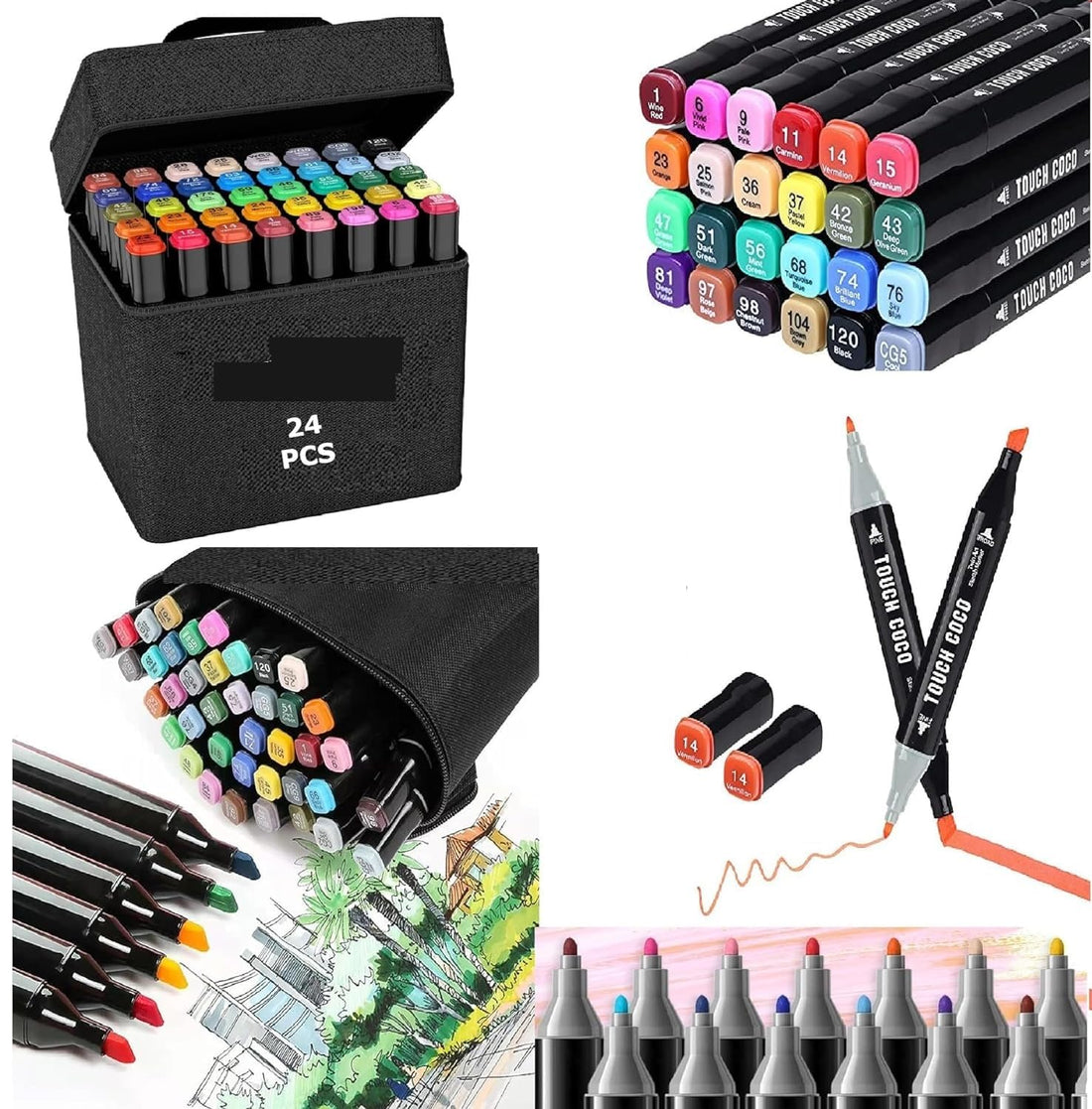 24 Colours Dual Tip Art Markers Sketch Pens With Carrying Case For Painting Sketching Calligraphy Drawing Odourless & Non-Toxic Twin Head Permanent Colouring Marker Kids Adult Beginners