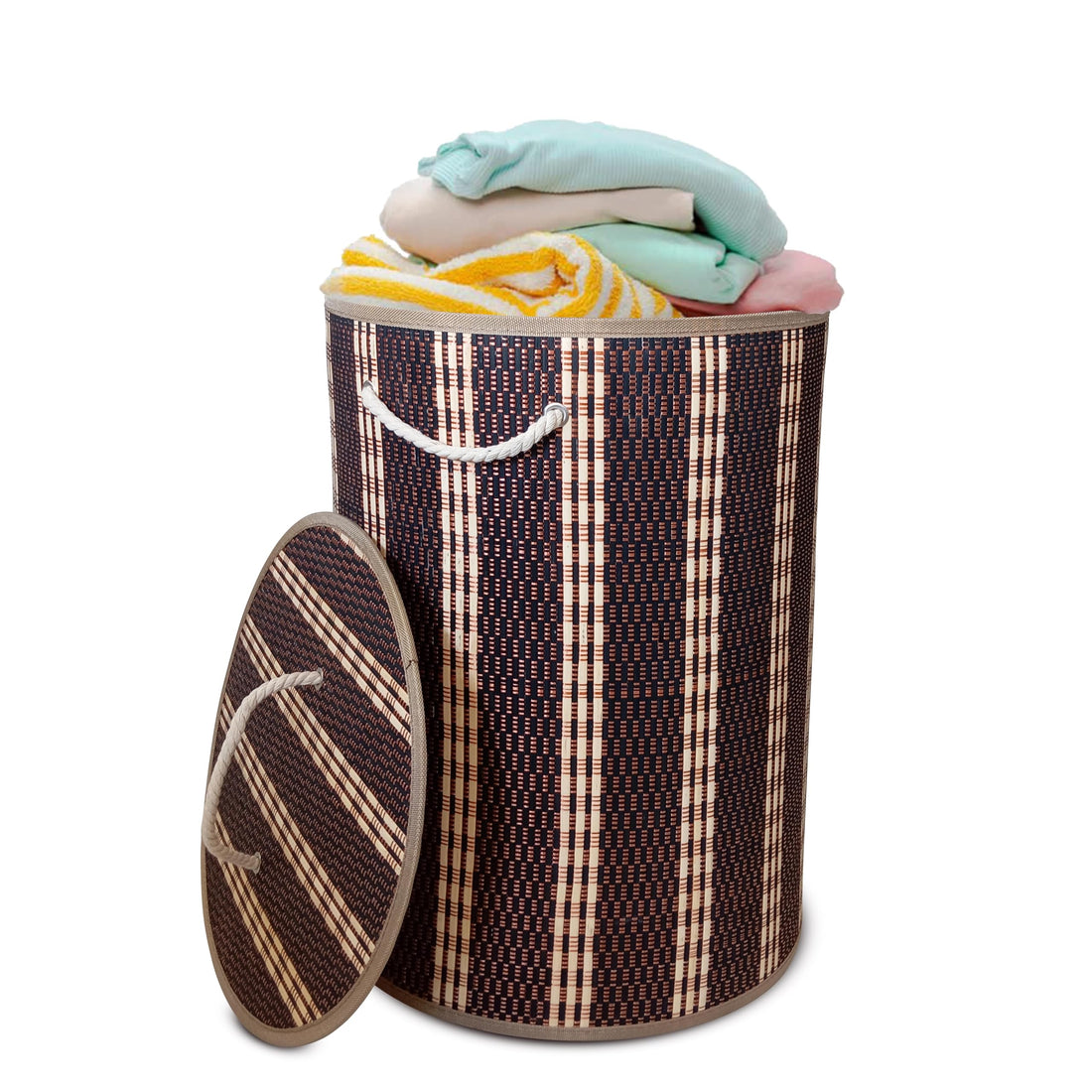 Generic Bamboo Laundry Basket - Foldable with Lid & Bag - Round 35 x 50cm