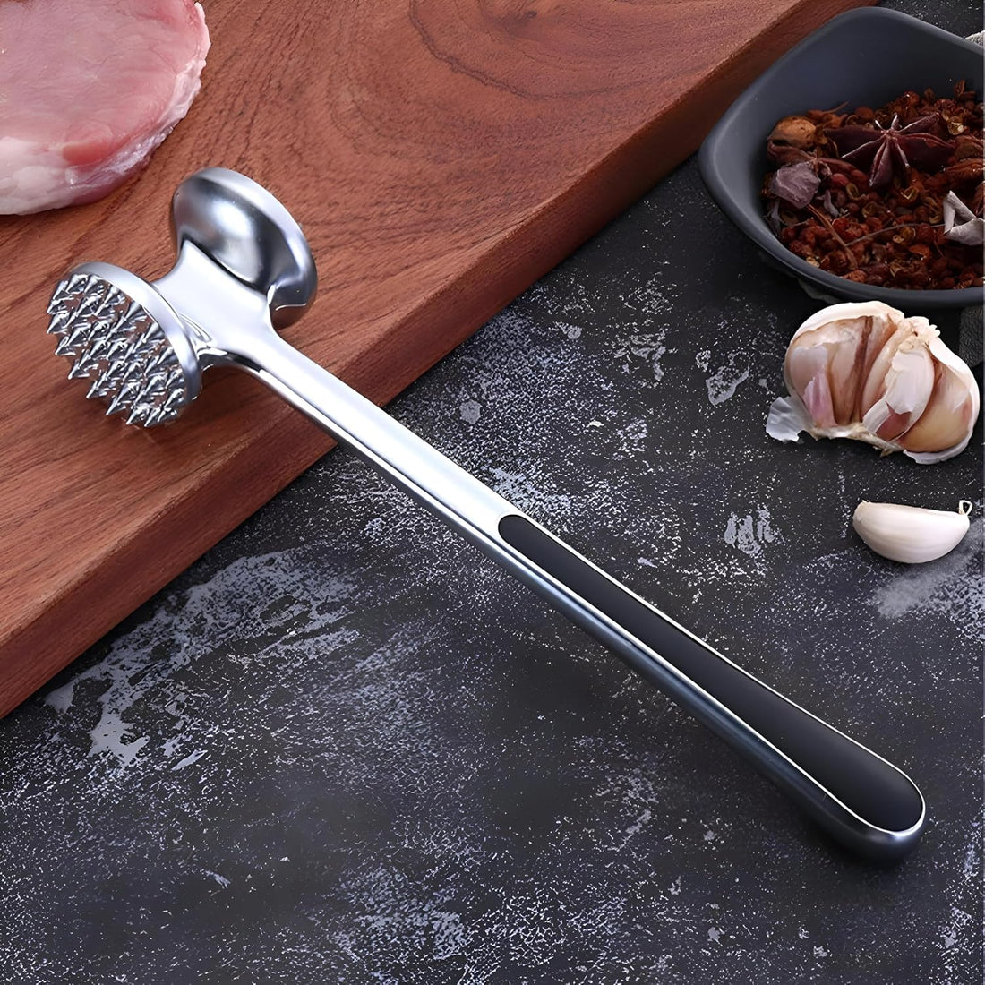 Aluminum Meat Tenderizer Hammer, 22.5cm Long Handle, 5.3cm Engraving Head, Professional Kitchen Tool for Tenderizing Meat Tenderizer