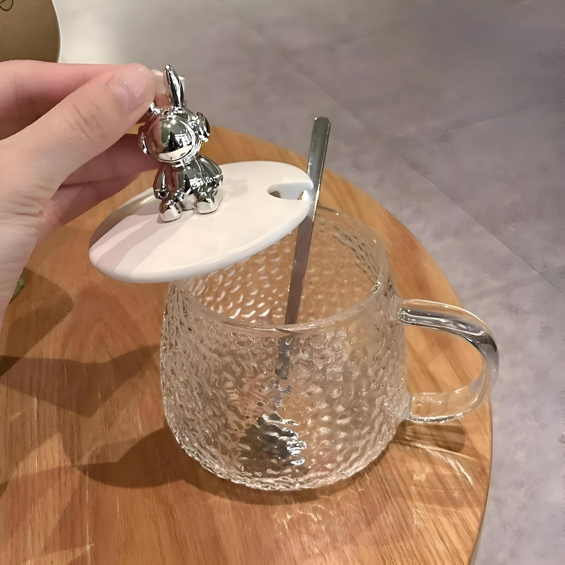 Bubbles Glass Tumbler with Lid and Spoon Cute Bear Shape 300ml Perfect for Milk, Juice, Chocolate, Iced Coffee, Now Having Elegant Home (1)