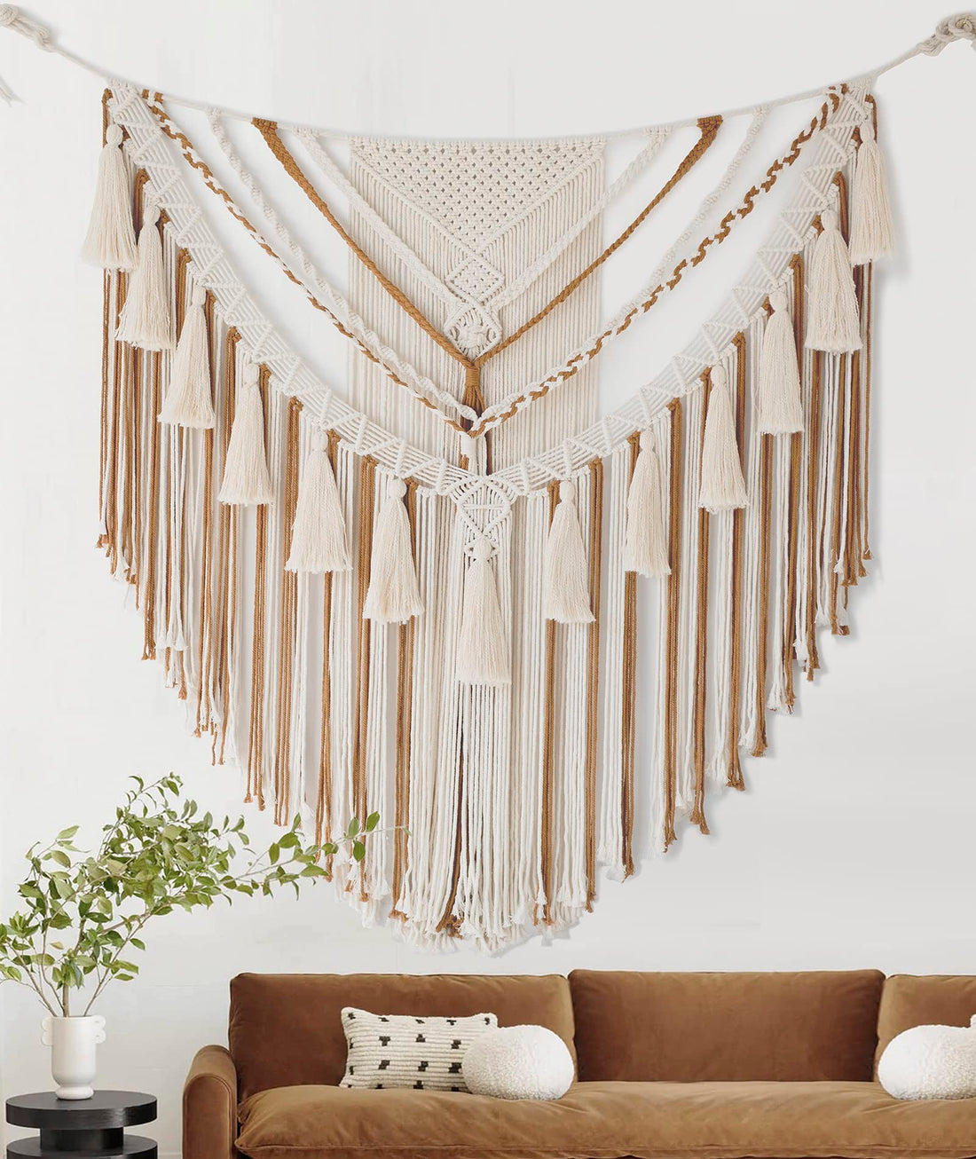 Jakalin Large Macrame Wall Hanging 47" Wx 55" L Brown Macrame Wall Decor Boho Panels Handmade Yarn Wall Art Living Room Bedroom Home Decor