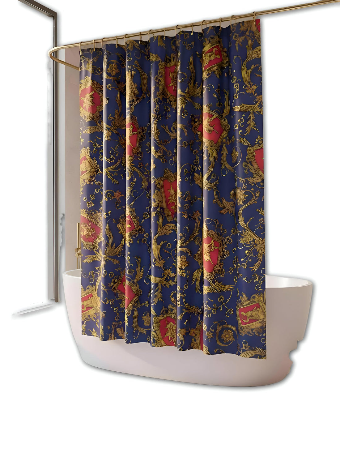 Red and Gold Shower Curtain - Lavish baroque patterns on deep royal blue, ultra-durable polyester with reinforced eyelets and 12 included hooks. (2model)