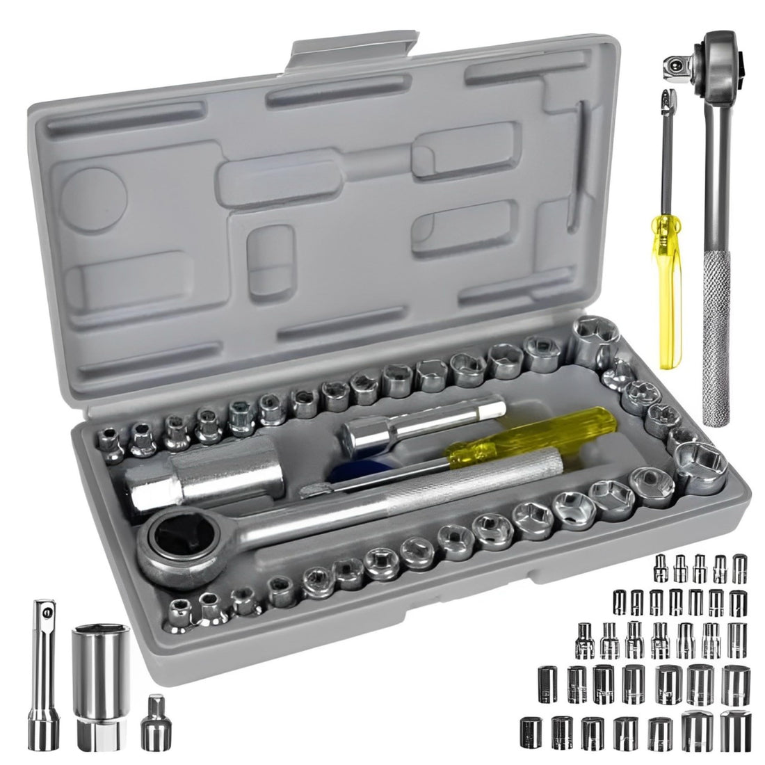 Generico Socket Wrench Set with Ratchet 40 Pieces Screwdriver Complete with Case and Extension Practical for Motorcycle Bicycle Car Repair Tool Set Compass