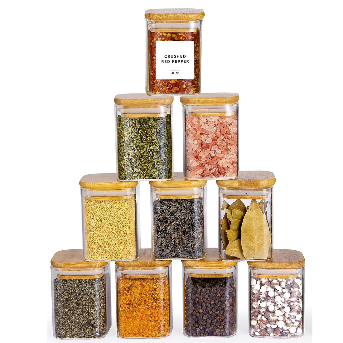 Tecom 210ml Glass Jar Set, Food Grain and Spice Storage Containers for Home Kitchen, Food Storage Jars, Square 6 x 8cm, 10pcs with Wooden Lid.