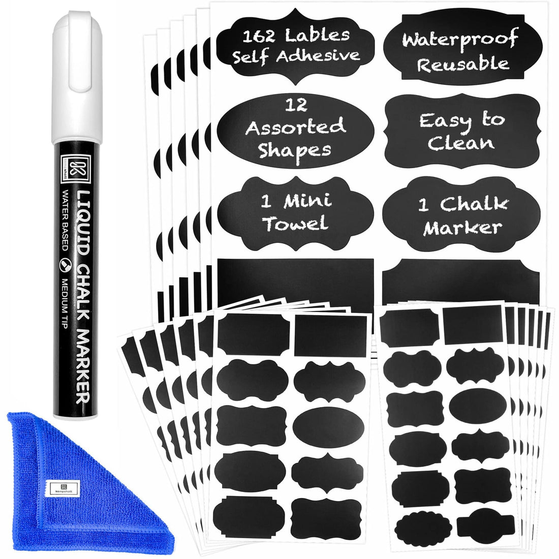 Chalkboard Labels for Jars 162pcs - Waterproof Reusable Chalk Sticker Labels for Containers Storage Jars - 12 Unique Shapes & 3 Sizes includes Erasable Liquid Chalk Marker & Mini Towel (Pack of 162)