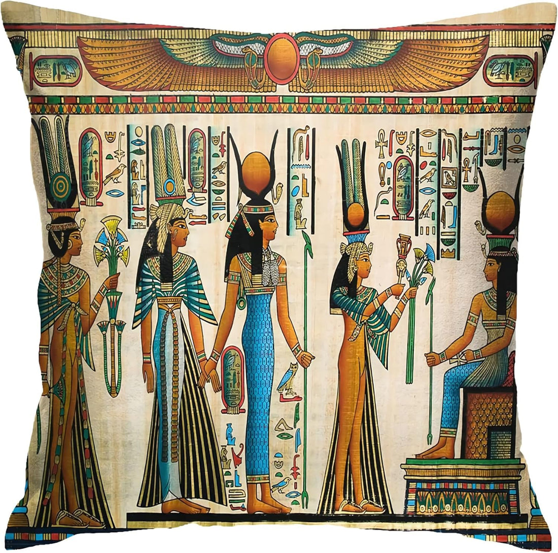 Egypt Egyptian Pillow Cover 18INx18IN Queen Nefertari Papyrus Ancient Wall Painting Throw Pillow Covers Vintage History Cushion Cover Both Sides for Sofa