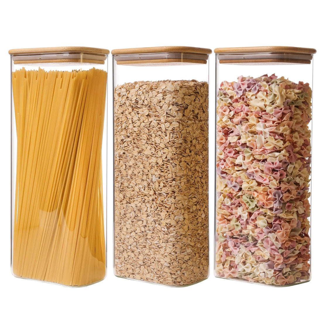 Glass Storage Containers with Lids Set Of 3, 71oz Large Food Jars Fits for Pantry, Coffee Bar, Square Airtight Canisters for Organizer Pasta, Sugar, Cerea, Coffee Bean-Flat