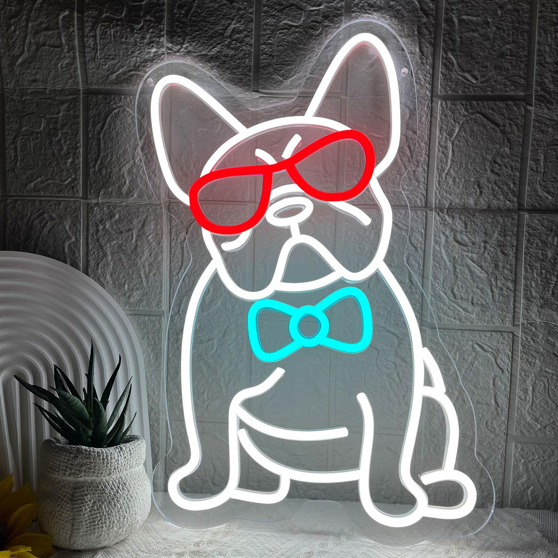 French Bulldog Neon Sign for Wall Decor, Frenchie Dog Wearing Glasses Bow Tie LED Neon Light, Cool French Bulldog Light Up Signs for Bedroom, Living Room, Pet Shop, Bar, Dog Birthday Party Decoration