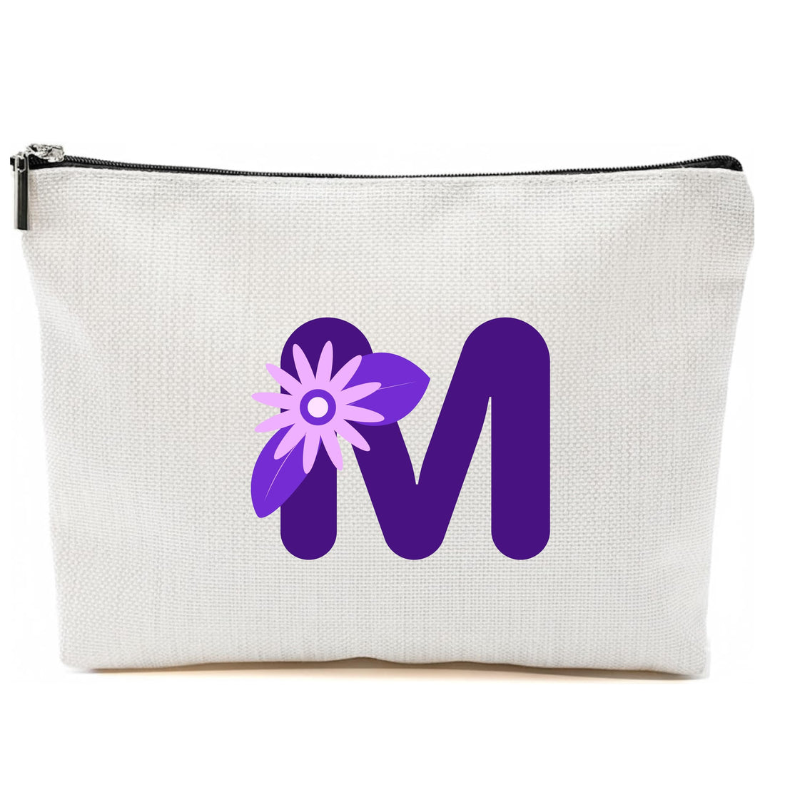 Personalized Initial Letter Makeup Bag, floral Initial Cosmetic Bag with Zipper Birthday Gifts for Women Girls, purple letter (M)