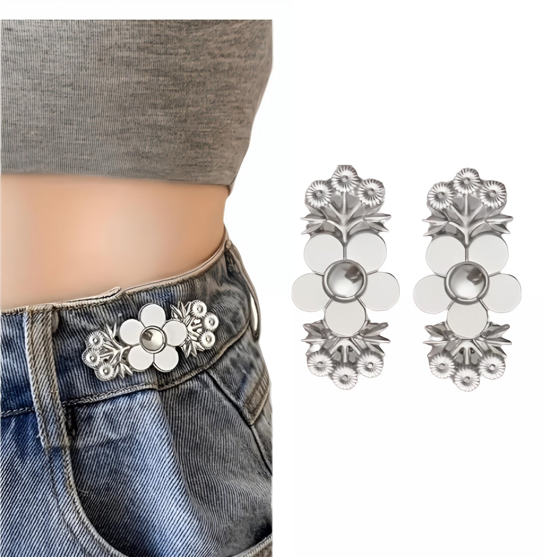 2 Pcs Floral Design Jean Waist Tightener – Instant Adjustable Snap Button Fasteners for Pants & Skirts – No-Sew Detachable Metal Buckle Extender for Loose Jeans (silver)
