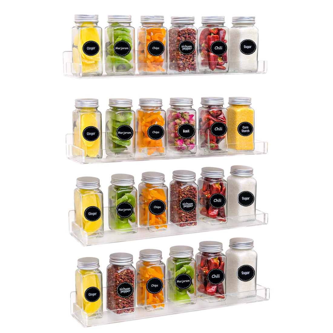 YestBuy Wall Mount Spice Rack Organizer,4 Pack Clear Acrylic Spice Storage Rack with Adhesive Tape, Hanging Seasoning Shelf Display Organizer for Wall, Cabinet, Pantry,Door…