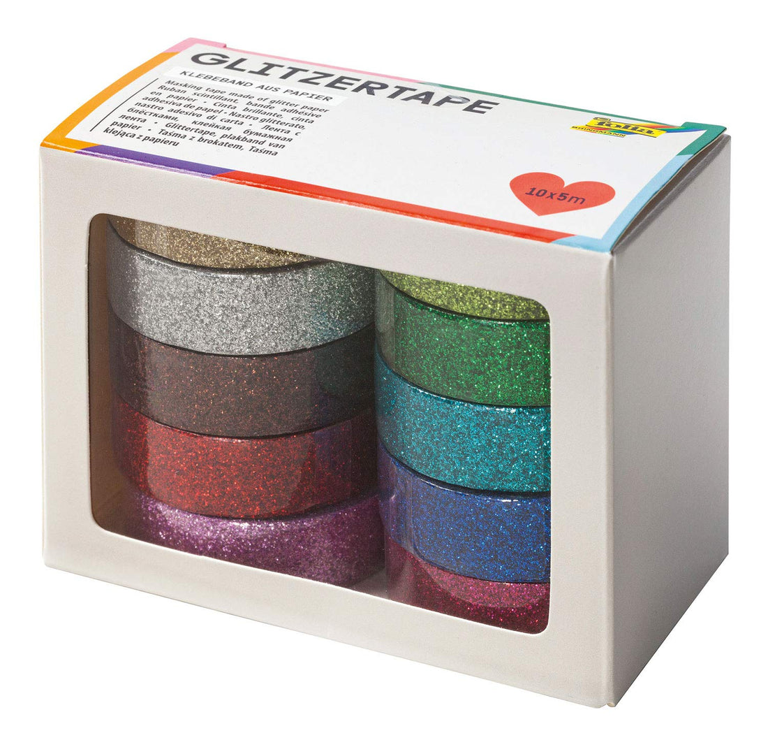 folia 28509 Glitter Tape 10 Rolls Assorted Colours, Rolle 5 m x 15 mm