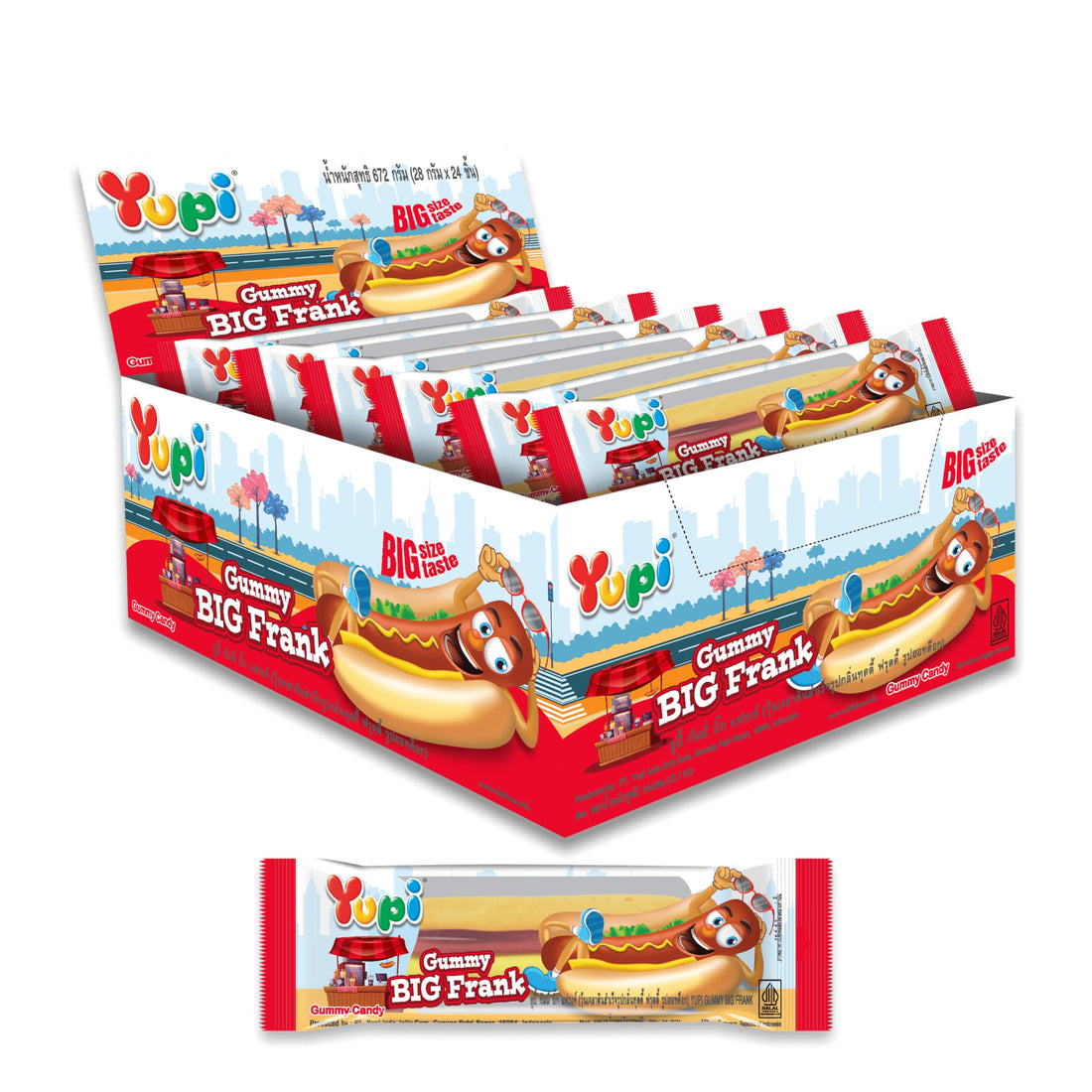Yupi Big Frank Gummy Candy – 28g Individually Wrapped Hot Dog-Shaped Gummies, Pack of 24 – Fun Snack for Kids & Adults