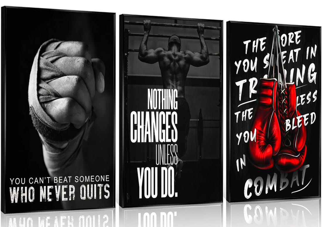 3Pcs Boxing Sports Canvas Wall Art Boxing Gloves Fitness Motivational Quote Painting Picture Wall Decor Black and White Exercise Poster Print Artwork for Teen Room Dorm Gym Livingroom Home Decoration