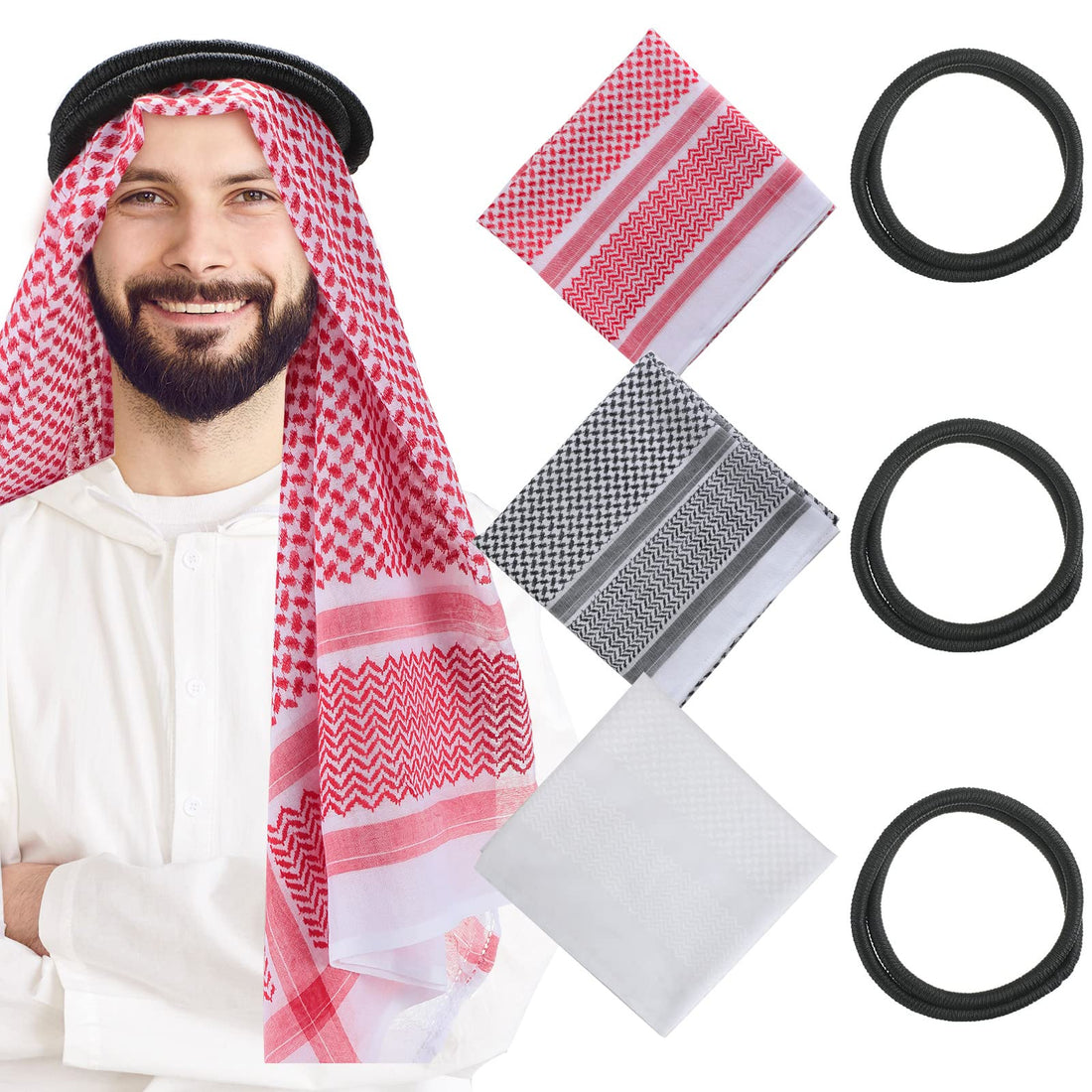 Silkfly 3 Pieces Arab Shemagh Head Scarf Muslim Head Wrap Middle Eastern Scarf Desert Head Neck Headwear with Rope for Men Women, Red, White, Black and White, M