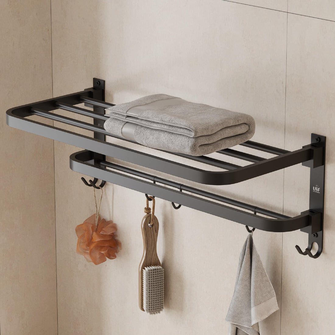 USF Bath Accessories 24 Inch 304 Grade Stainless Steel Double-Layer Folding Towel Rack for Bathroom, Strong Build & Space Saving Wall-Mounted Towel Hanger - Black Finish (Pack of 1)