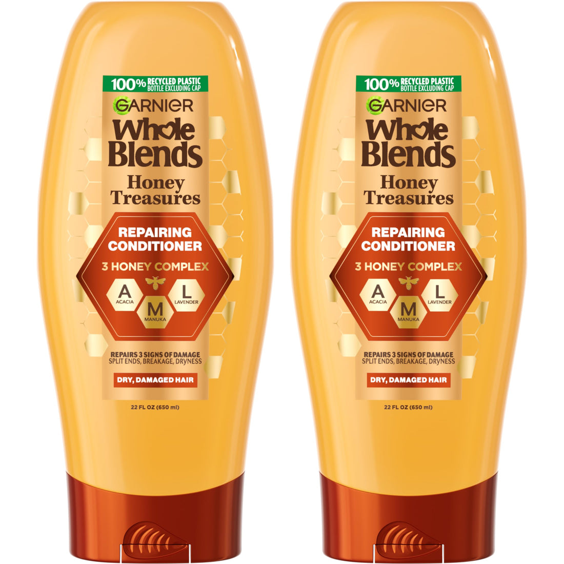 Garnier Whole Blends Honey Treasures Repairing Conditioner for Dry Damaged Hair, 22 Fl Oz (Pack of 2)