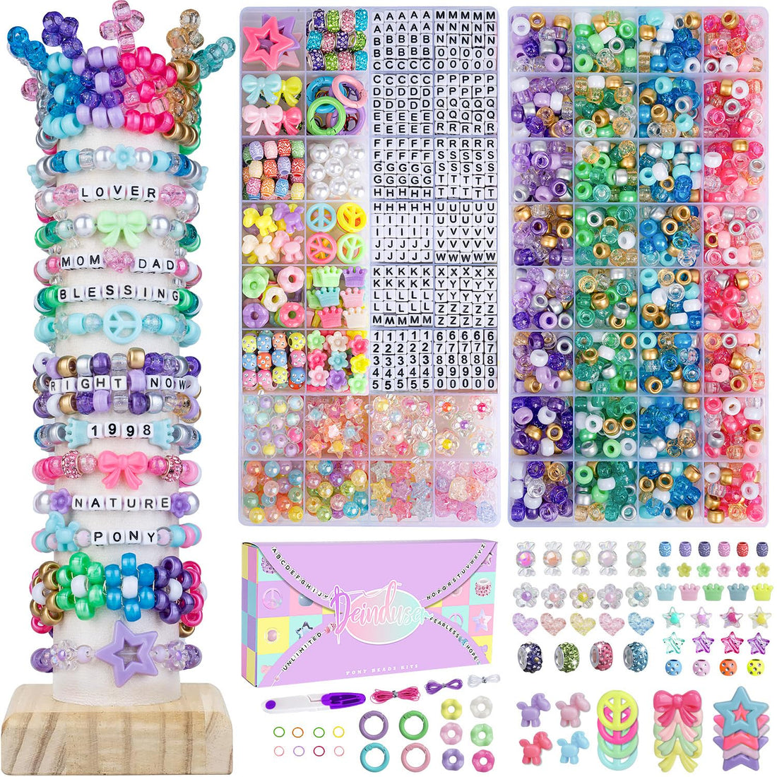 Deinduser Pony Beads Kit, 3200 Pcs Rainbow Kandi Beads Kit with Letter and Number & Charm Beads, 32 Colors Pony Beads Bulk for Bracelets Making, Friendship Bracelet Making Kit with Gift Box
