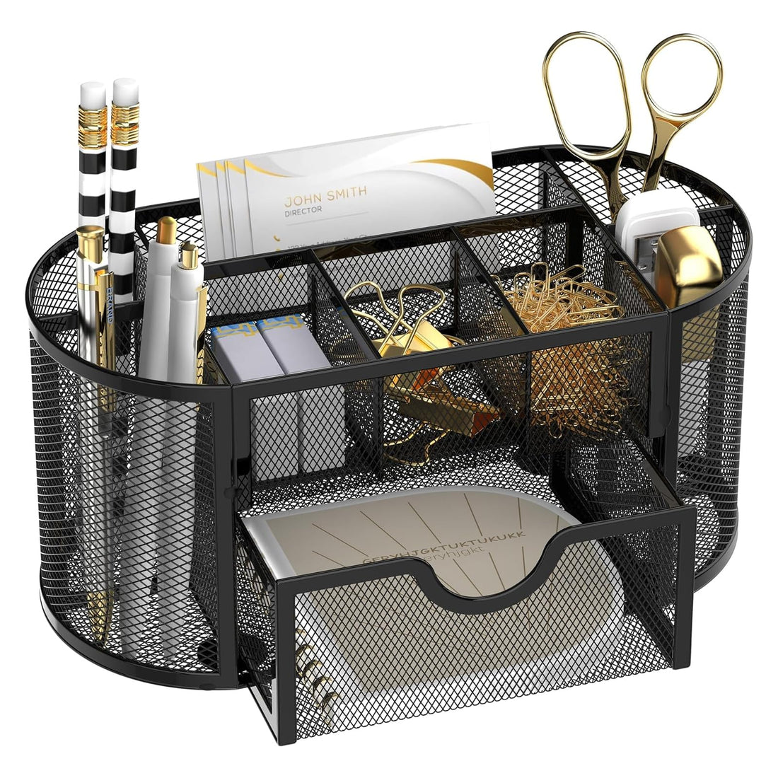 SUPEASY Mesh Desk Organizer, Desk Accessories & Workspace Organizers with Drawers, Pencil Holder for Desk with 9 Compartments for Office Supplies, 8.6 x 4.3 x 4.1 Inch, Black