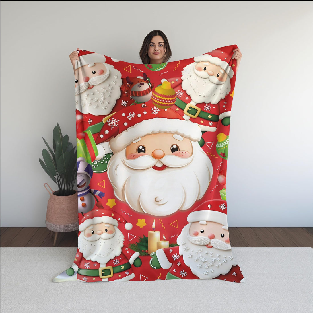 Christmas Decorative Blanket - 120x160 cm - Red with Santa Claus and Snowman Patterns - warm Soft Velvet Fabric - Perfect for Cold Winter Nights - بطانية دفاية