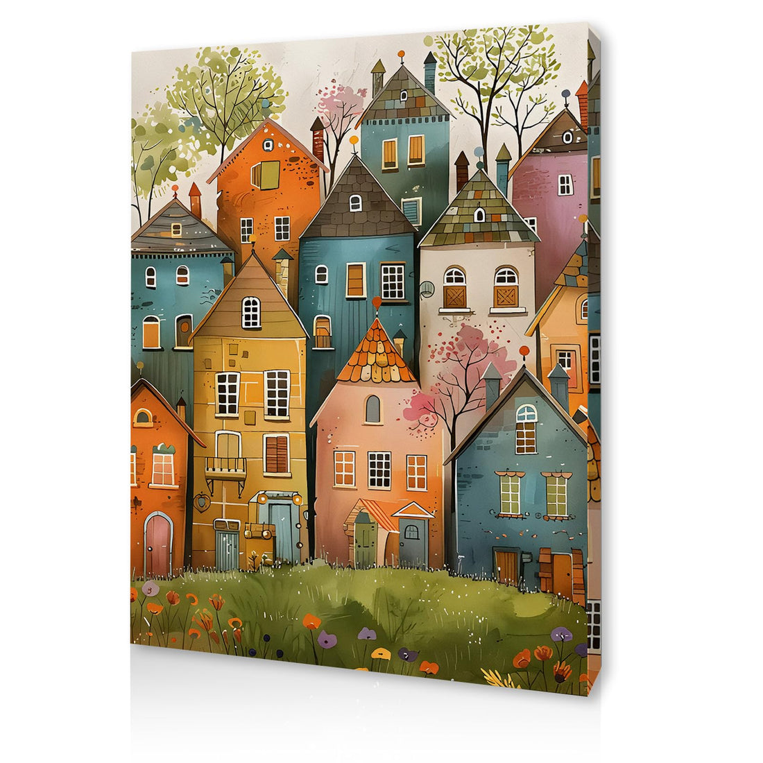 Qiukoo Wall Art Framed Canvas – Colourful Houses Print with Pre-Mounted Hooks, Whimsical Bedroom Wall Decor, Wall Art for Living Room, Hallway, or Kids’ Room 11.8" x 15.7"