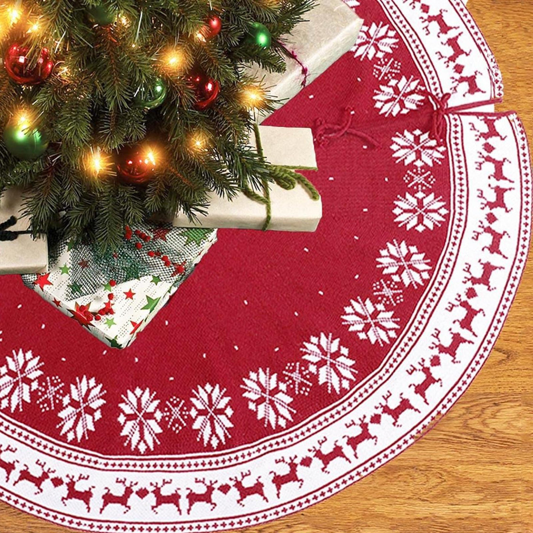 Beauenty 48IN Christmas Tree Skirt, Red Knitted elk and Snowflake Large Tree Skirt, Super Soft Thick Tree Skirt, Xmas Tree Skirt Christmas Tree Decorations for Xmas Holiday (Red-A)