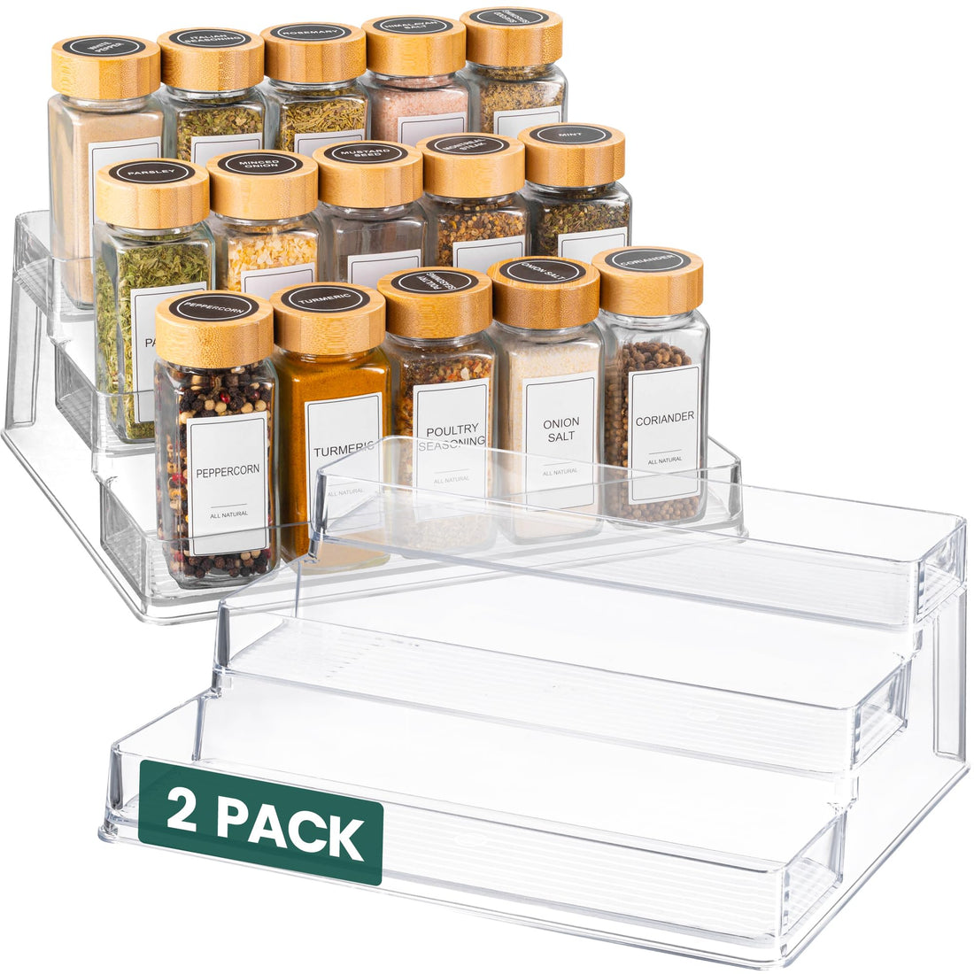 Oizeir Clear Spice Rack (2-Pack) - 3 Tier Spice Organization For Cabinet - Deep Spice Shelf Design - Seasoning Rack - 10.4" x 9.6" x 4" Acrylic Pantry Organizer - Holds Seasoning, Condiment Bottle