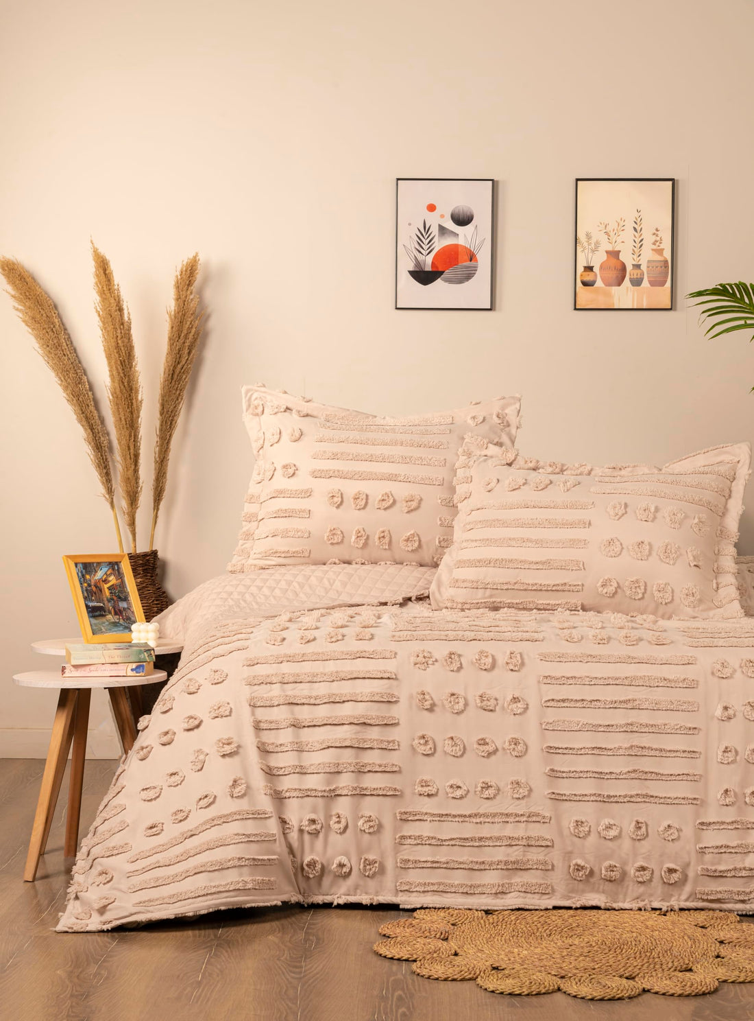 Microfiber Boho Gold Capitona Bed Coverlet with 2-Pillowcase, Beige