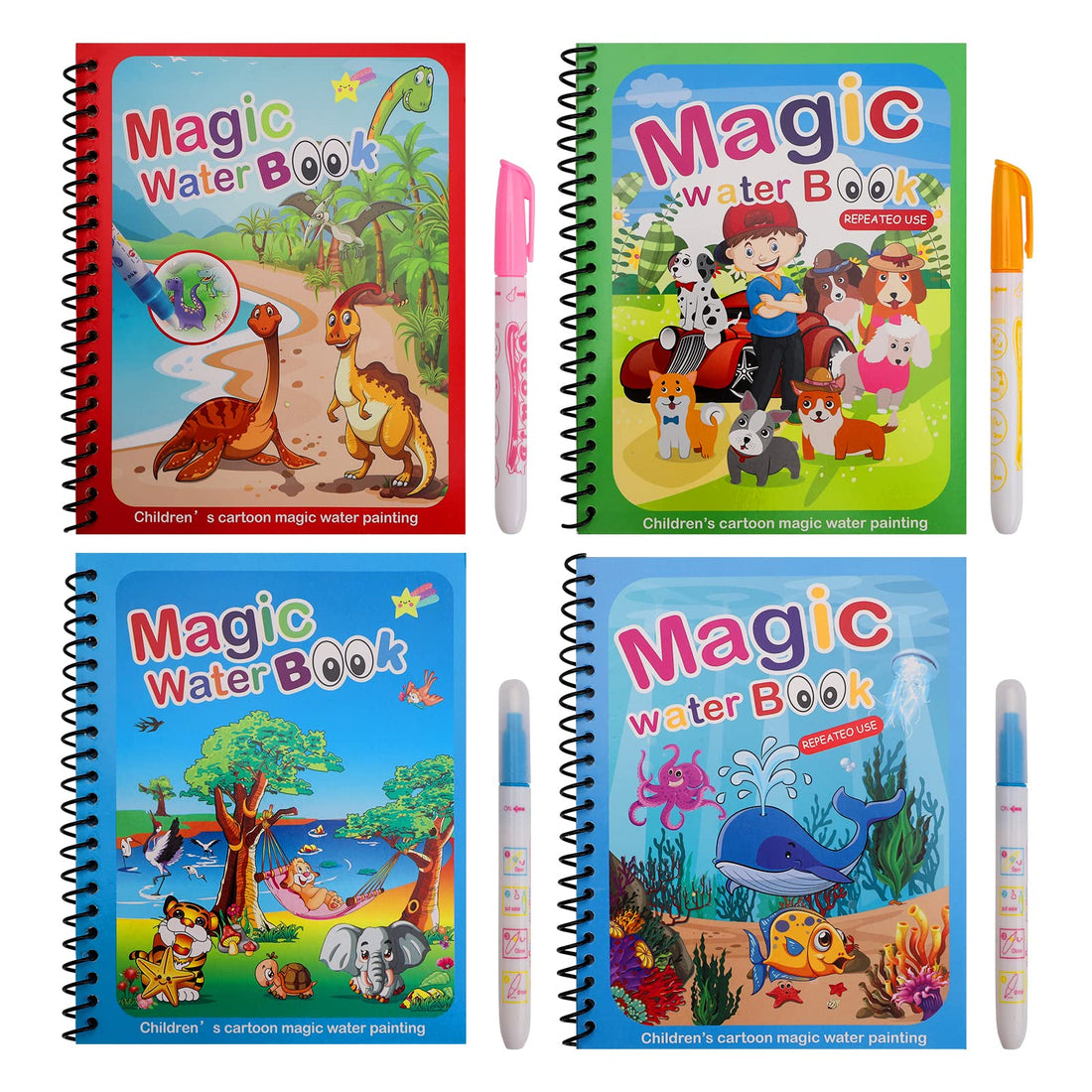 GLAITC 4 Books Water Drawing Painting Magic Book for Coloring Children with 4 Doodle Painting Pens, Reusable Notebooks for Coloring Children Magical Colours Painting Board Boys Girls Gift
