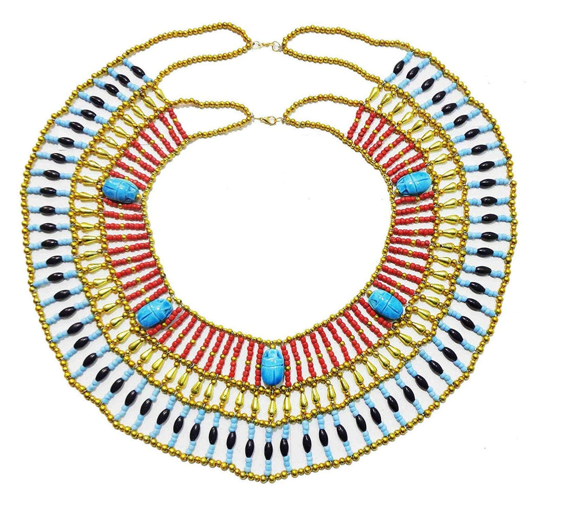 Egyptian Cleopatra Nefertiti Scarab Necklace Collar Choker Hand Made Multi Beaded Beetle Beads King Queen 13.5" Pendant Christmas Halloween Ancient Egypt Pharaoh Costume Accessory Jewelry Belly Dance