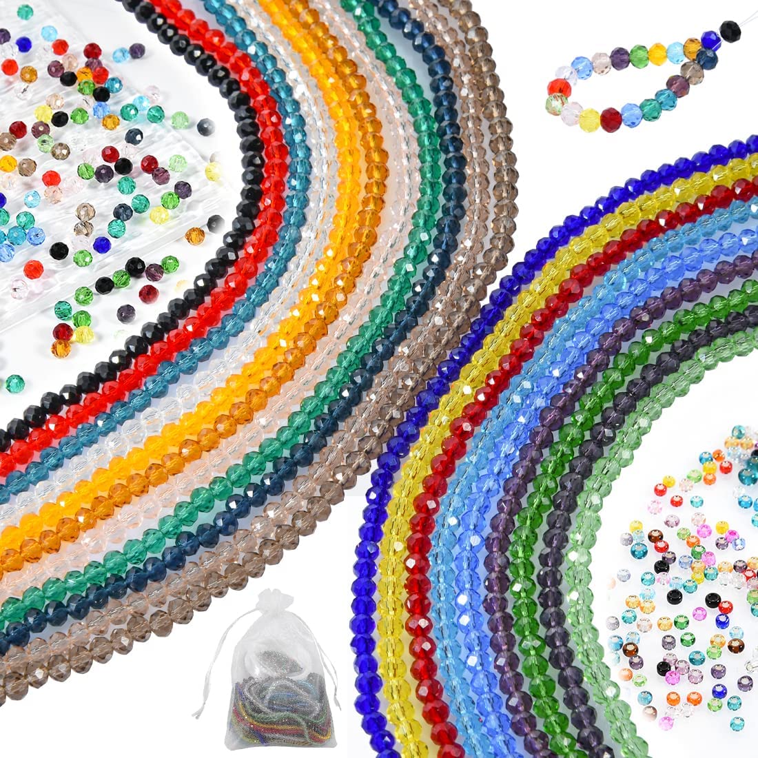 Faceted Crystal Beads for Bracelet, 2600Pcs Spacer Beads Strand 20 Colors 4MM Briolette Rondelle Glass Beads for Jewelry Making