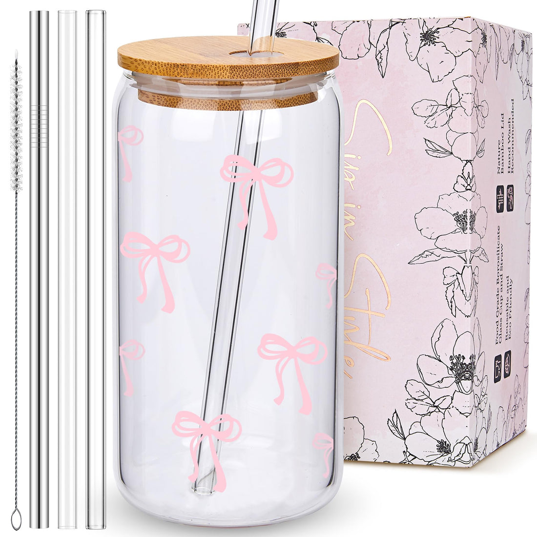 BIPEDS Coquette Cute Pink Bow Glass Cups with Lids and Straws, Aesthetic Iced Coffee Cup, Girly Preppy Design Tumbler Mug, Birthday Valentines Christmas Gifts for Women, Teen Girl Gifts Trendy Stuff