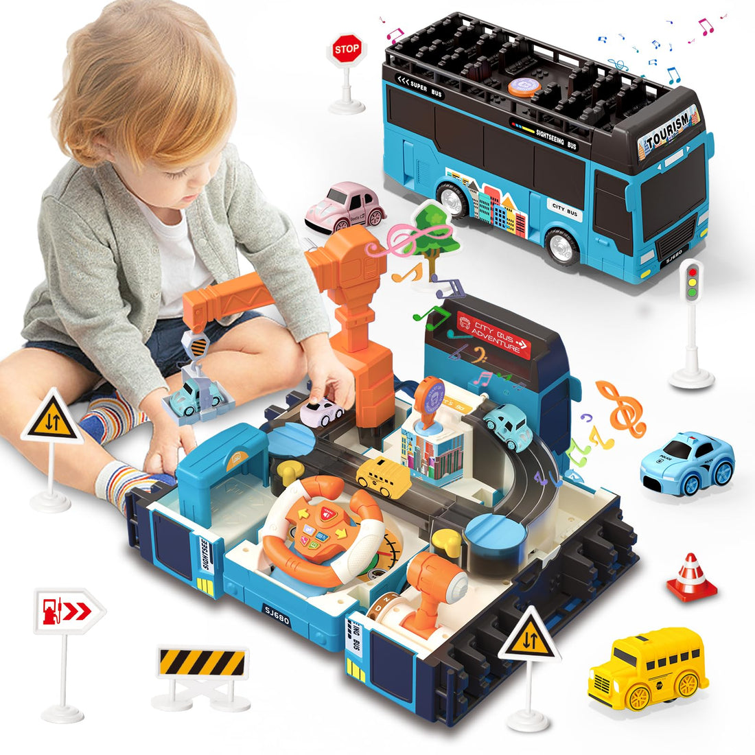 Dwi Dowellin Bus Toy with Sound Light for Kids, Simulation Steering Wheel Pull Buses,Construction Car Toys for Toddlers 4-8 Years Double-Decker Sightseeing Bus Gift for Age 3 4 5