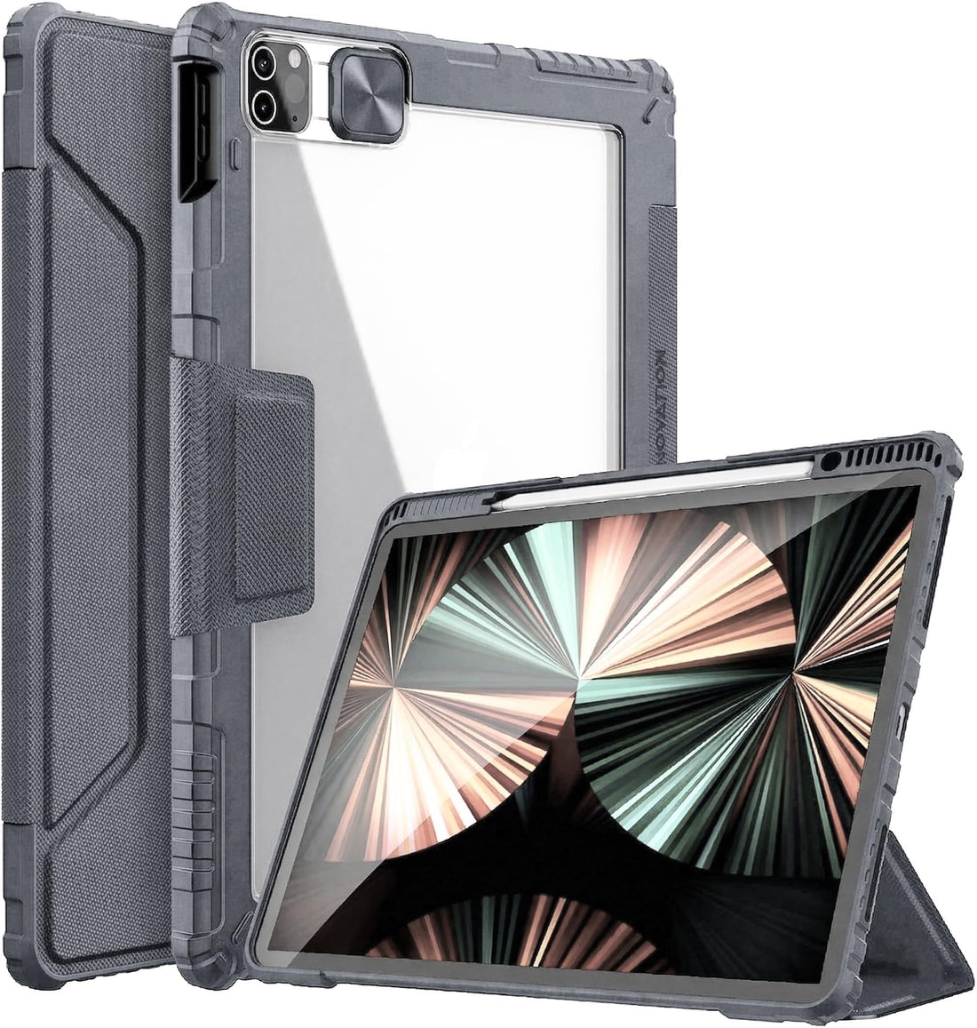 Nopatia Case for iPad Air 11 inch M4/M3/M2, with Slide Camera Cover, Trifold Stand, Clear Shockproof Back, Pencil Holder, Durable Protective Case Cover (Grey)