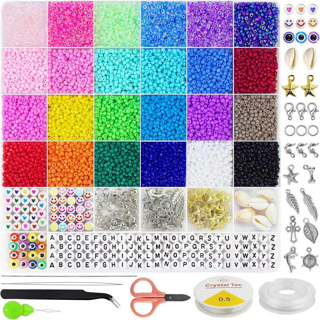 JAZZEEL 14440-Piece 3mm Glass Seed Bead Kit, 24 Rainbow Colors for Bracelets with 100 Alphabet Letter Beads & Accessories, DIY Necklace & Jewelry Making Set for Girls