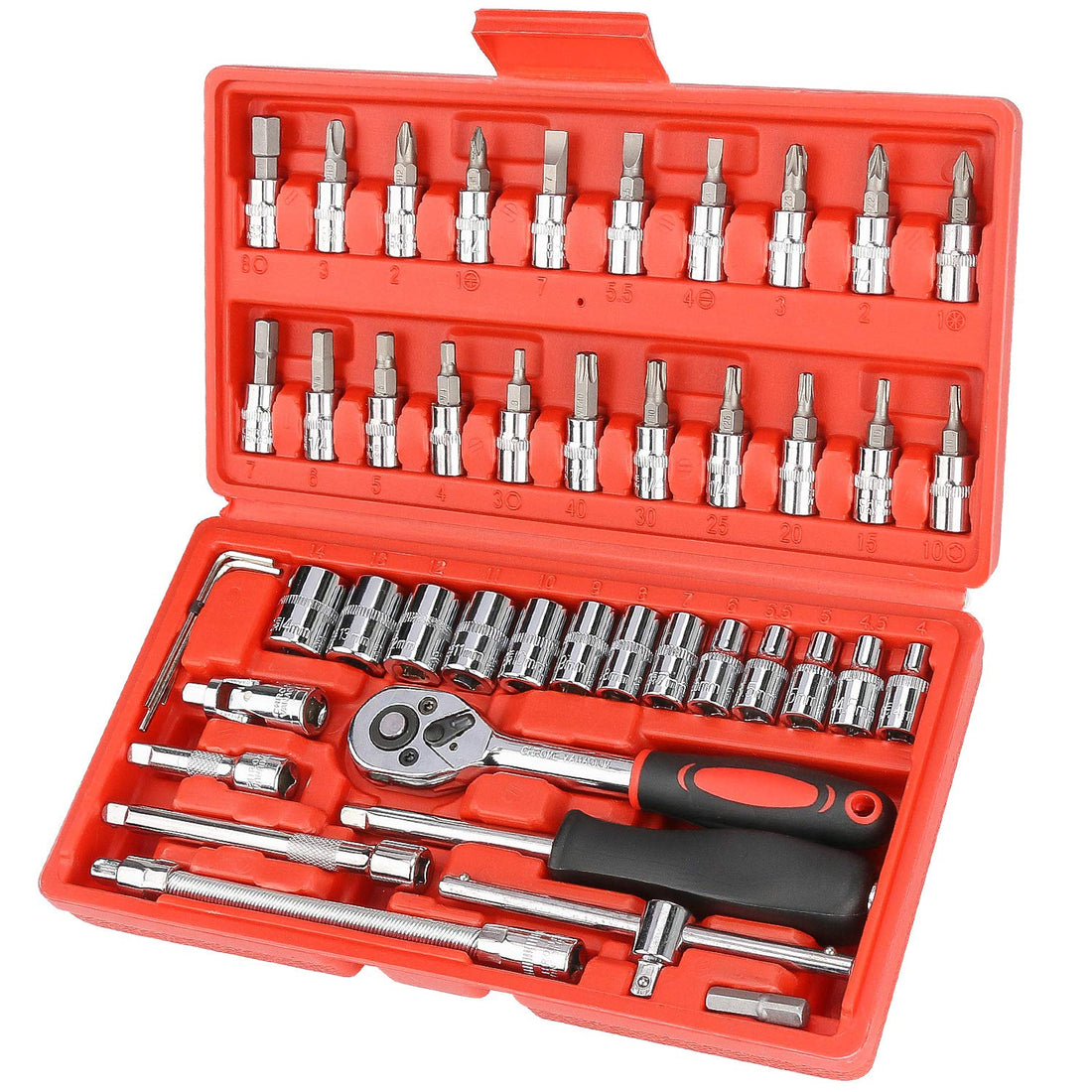 Laelr 46 pcs Socket Set Repair Tool, 1/4-Inch Wrench Ratchet Drive Kit Sets Auto Repair Combination Portable Mixed Tool Set Hand Kit with Plastic Toolbox Storage Case Suitable for Bicycles, Cars